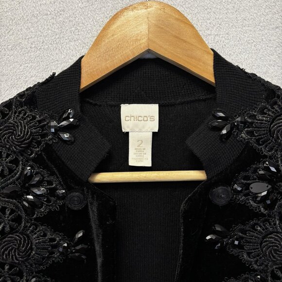 Chico's 2 Embellished Cardigan Sweater (Large) Black Velvet Beaded Lace Jacket - Picture 5 of 13